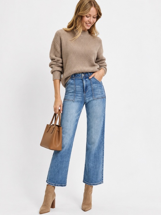Risen Jeans Denim - Risen High-Rise Ankle Flare Patch-Pocket Jeans — Medium Blue Sz 1/25
